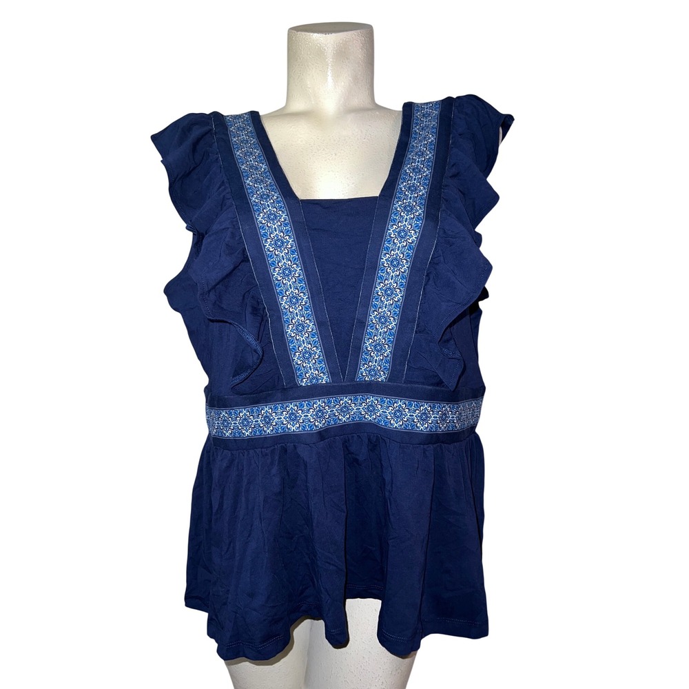 New Lands End Womens Sz 1X Blue Ruffle Peplum V-Neck Sleeveless Tencel Blend Top